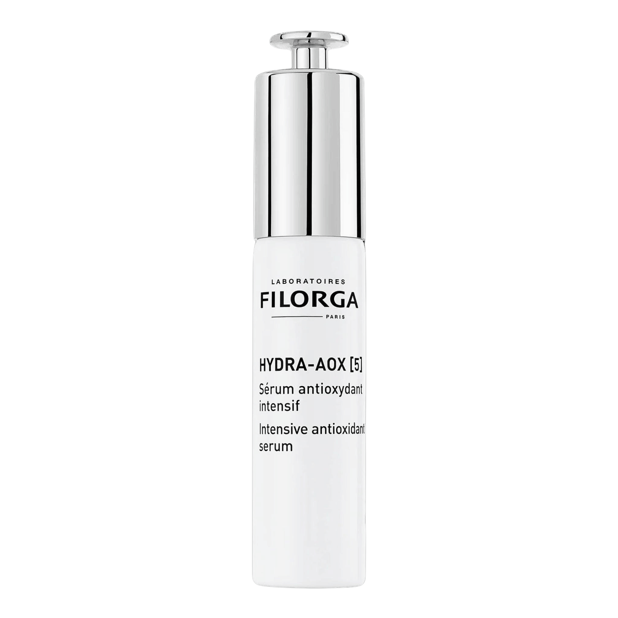 Filorga Hydra-AOX 5 intensive antioxidant serum white pump bottle with silver cap on black background