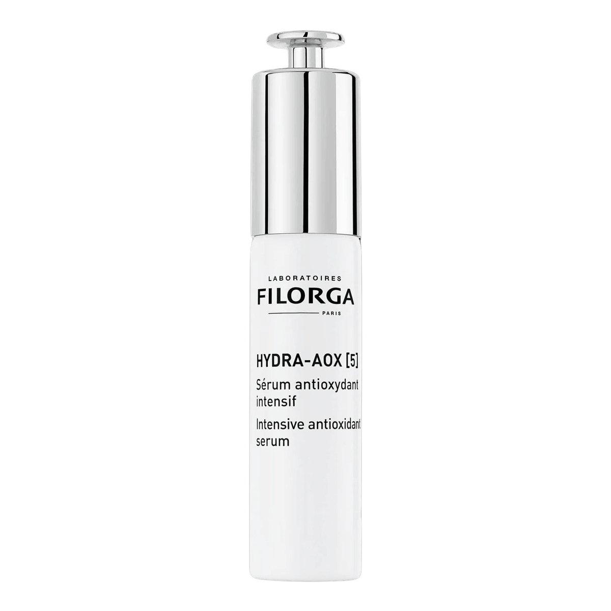 Filorga Hydra-AOX 5 intensive antioxidant serum white pump bottle with silver cap on black background