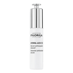 Filorga Hydra-AOX 5 intensive antioxidant serum white pump bottle with silver cap on black background
