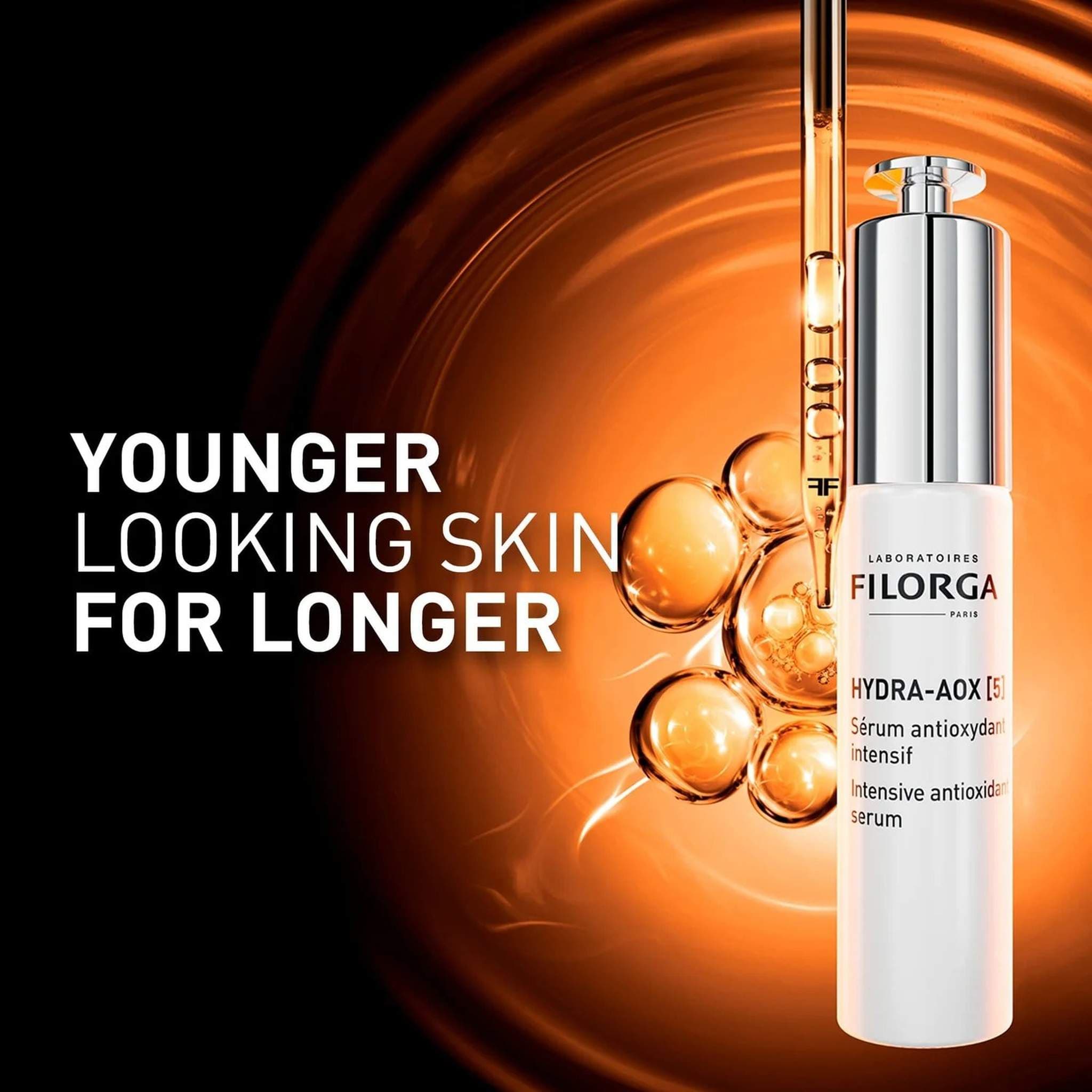 Filorga Hydra-AOX 5 antioxidant serum for younger looking skin for longer orange glow campaign