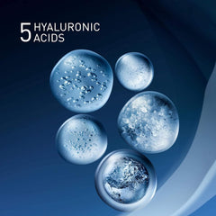 Five hyaluronic acid molecular spheres representing Filorga Hydra-Hyal formula for deep skin hydration