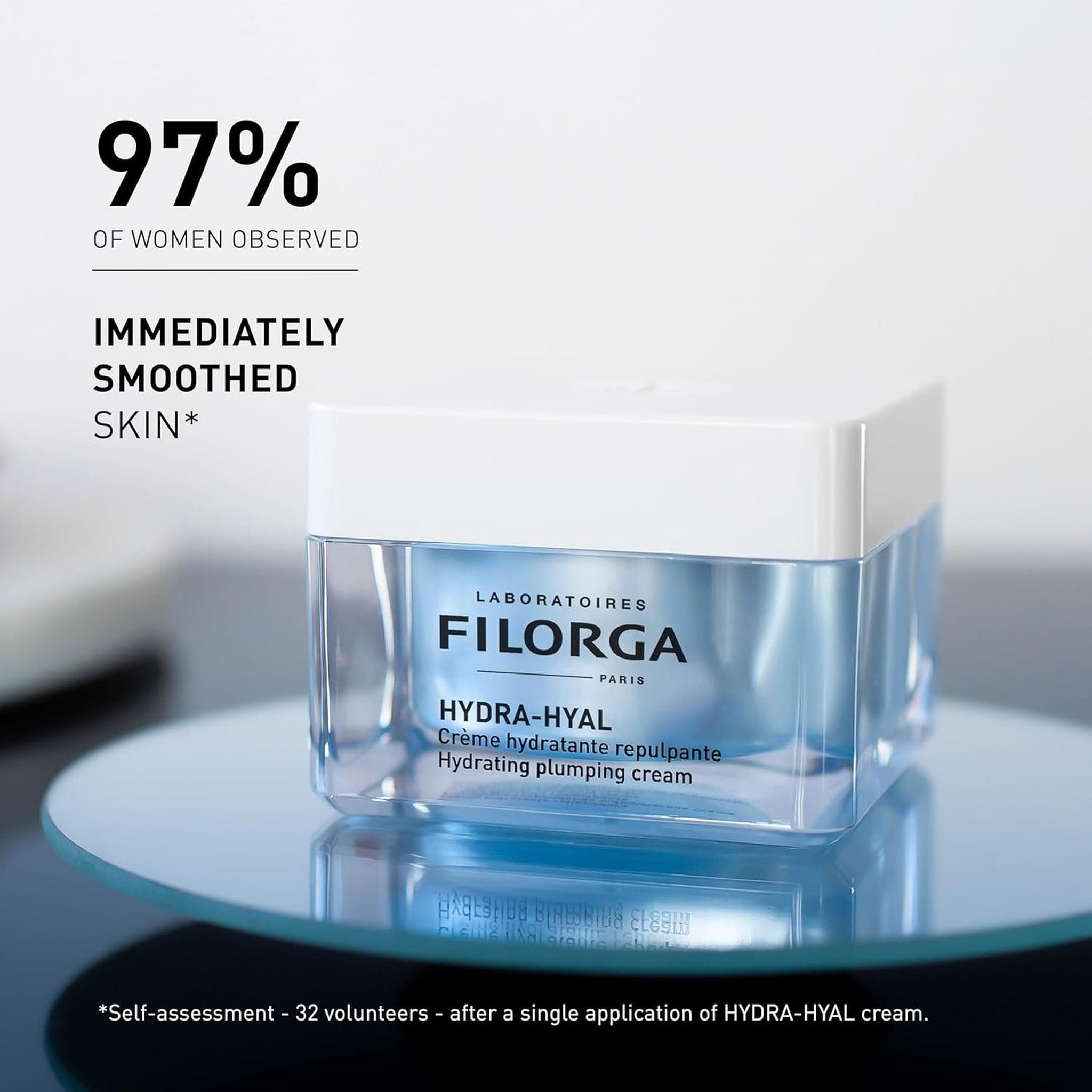 Filorga Hydra-Hyal plumping cream jar on reflective surface with 97 percent immediately smoothed skin claim