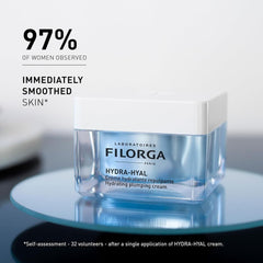Filorga Hydra-Hyal plumping cream jar on reflective surface with 97 percent immediately smoothed skin claim
