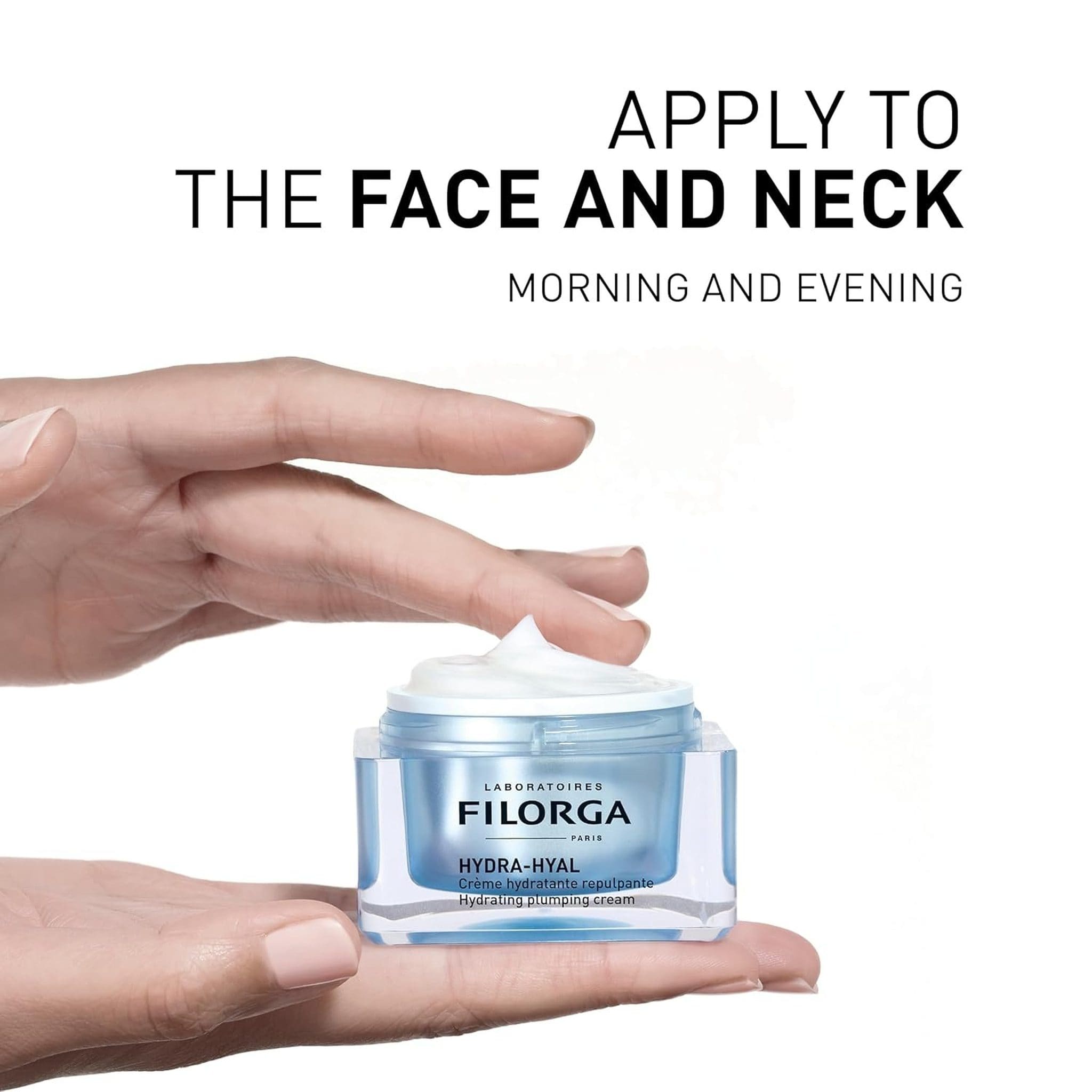 Hands holding open Filorga Hydra-Hyal cream jar with instructions to apply to face and neck morning and evening