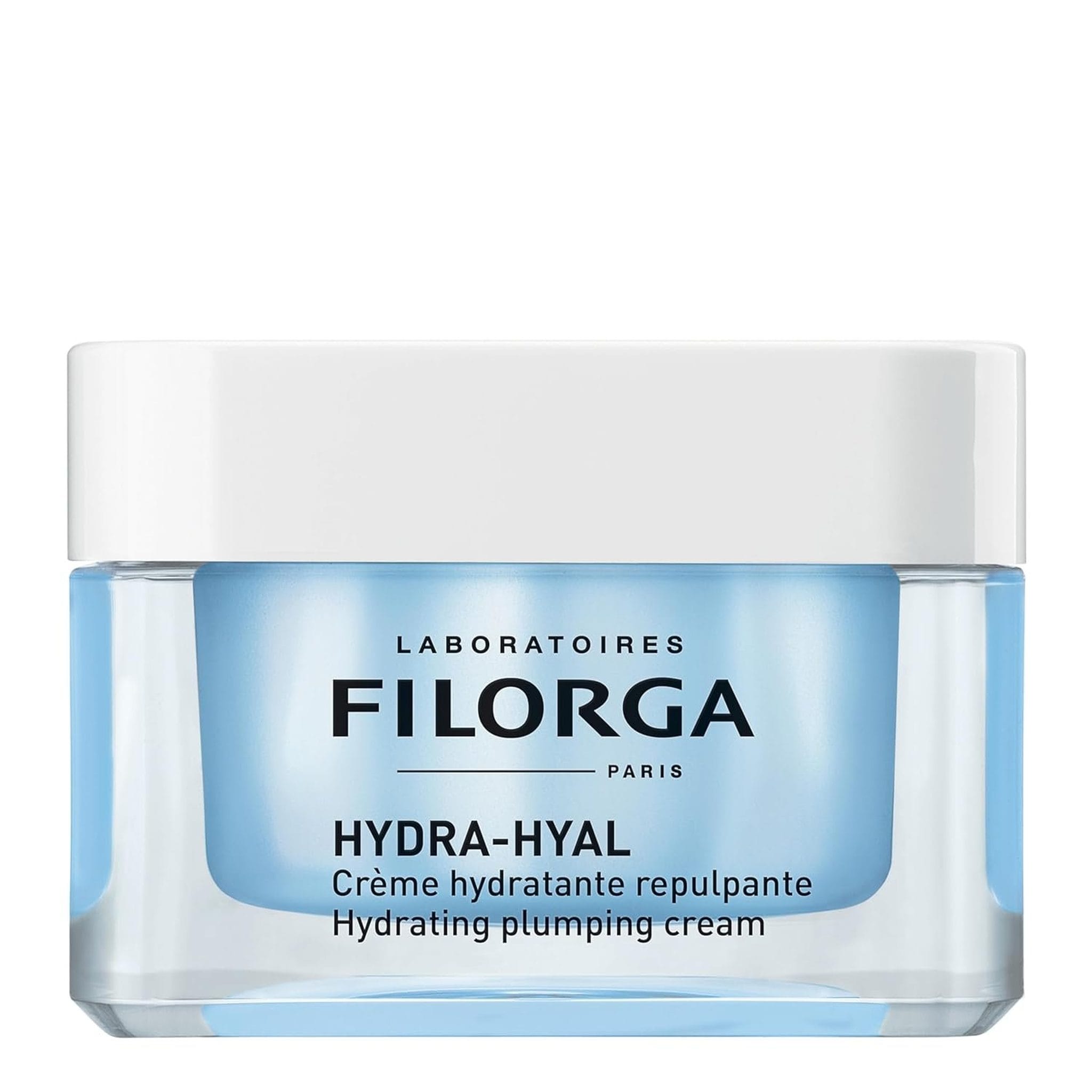 Filorga Hydra-Hyal hydrating plumping face cream jar with white lid on white background