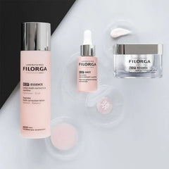 Filorga NCEF skincare collection with NCEF-Shot NCEF-Essence and NCEF-Reverse on white background with serum swatches