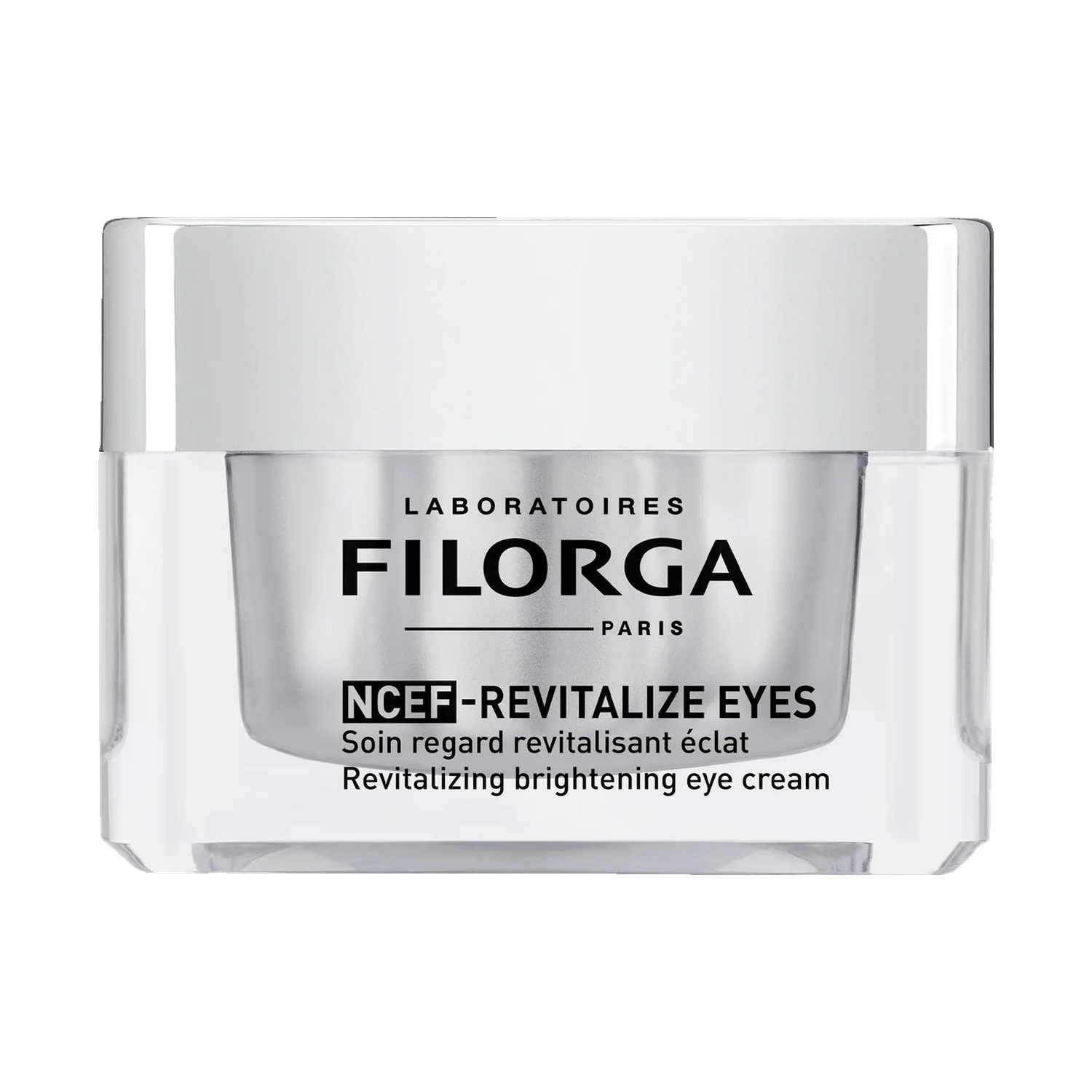Filorga NCEF-Revitalize Eyes brightening eye cream jar closed front view on dark background