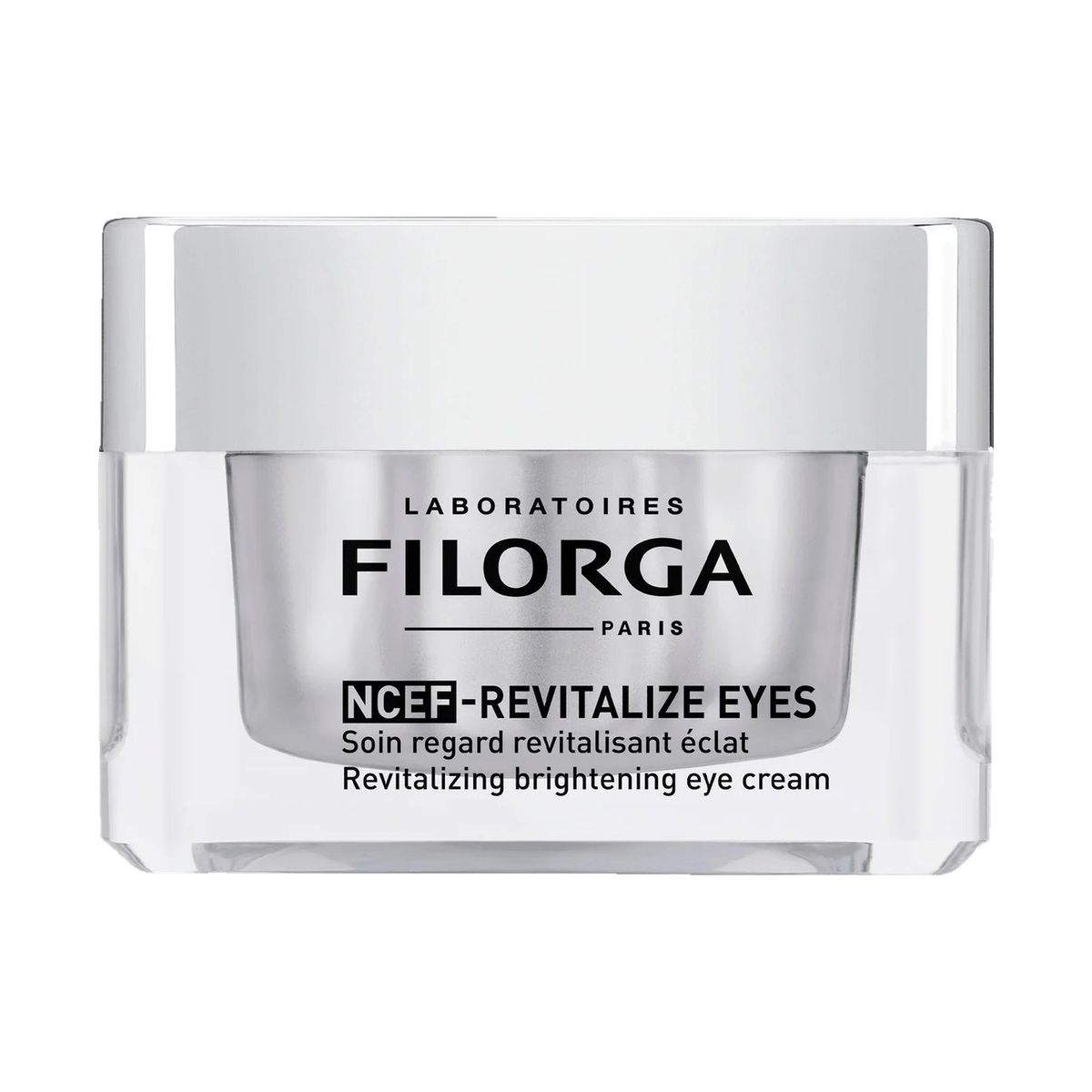 Filorga NCEF-Revitalize Eyes brightening eye cream jar closed front view on dark background