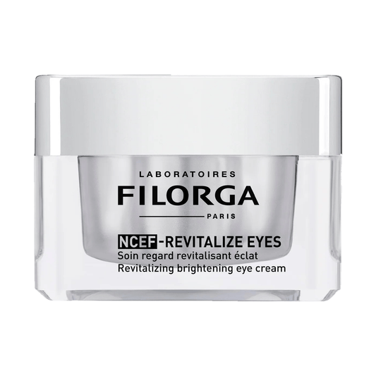 Filorga NCEF-Revitalize Eyes brightening eye cream jar closed front view on dark background