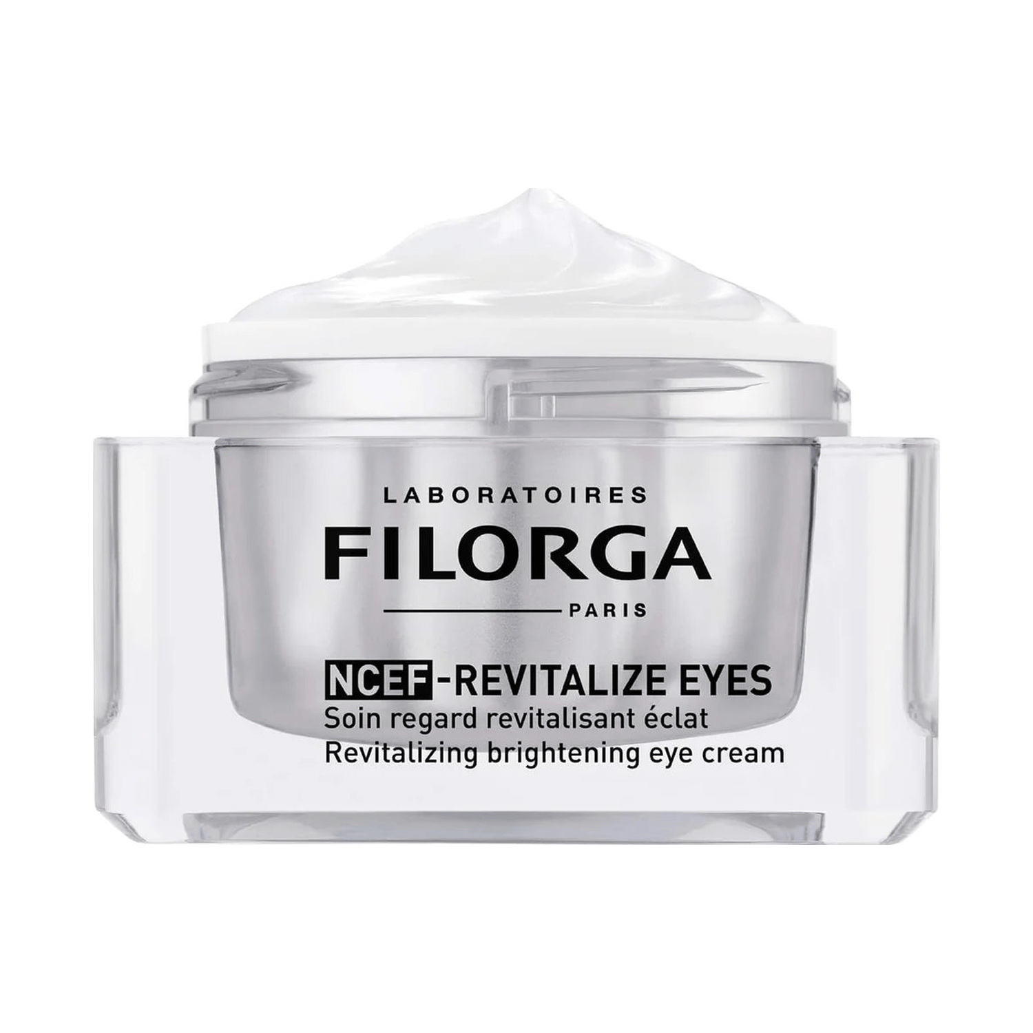 Filorga NCEF-Revitalize Eyes revitalizing brightening eye cream open jar on white background