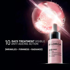 Filorga NCEF-Shot 10-day anti-ageing treatment targeting wrinkles firmness and radiance with pink dropper bottle on dark background
