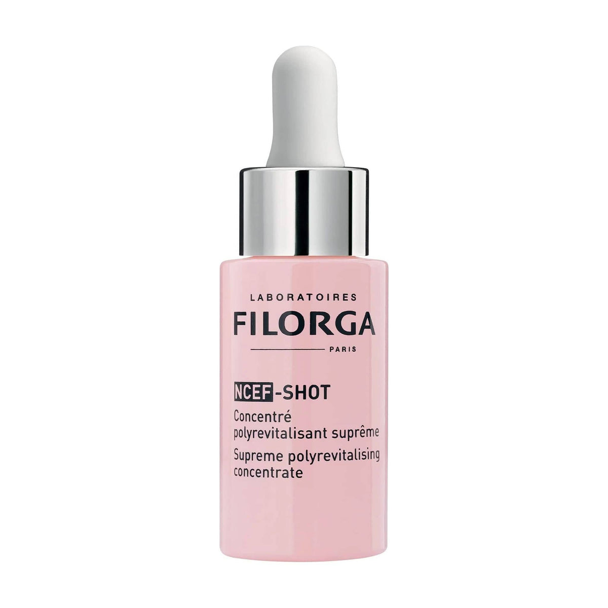 Filorga NCEF-Shot Supreme Polyrevitalising Concentrate pink dropper bottle on white background