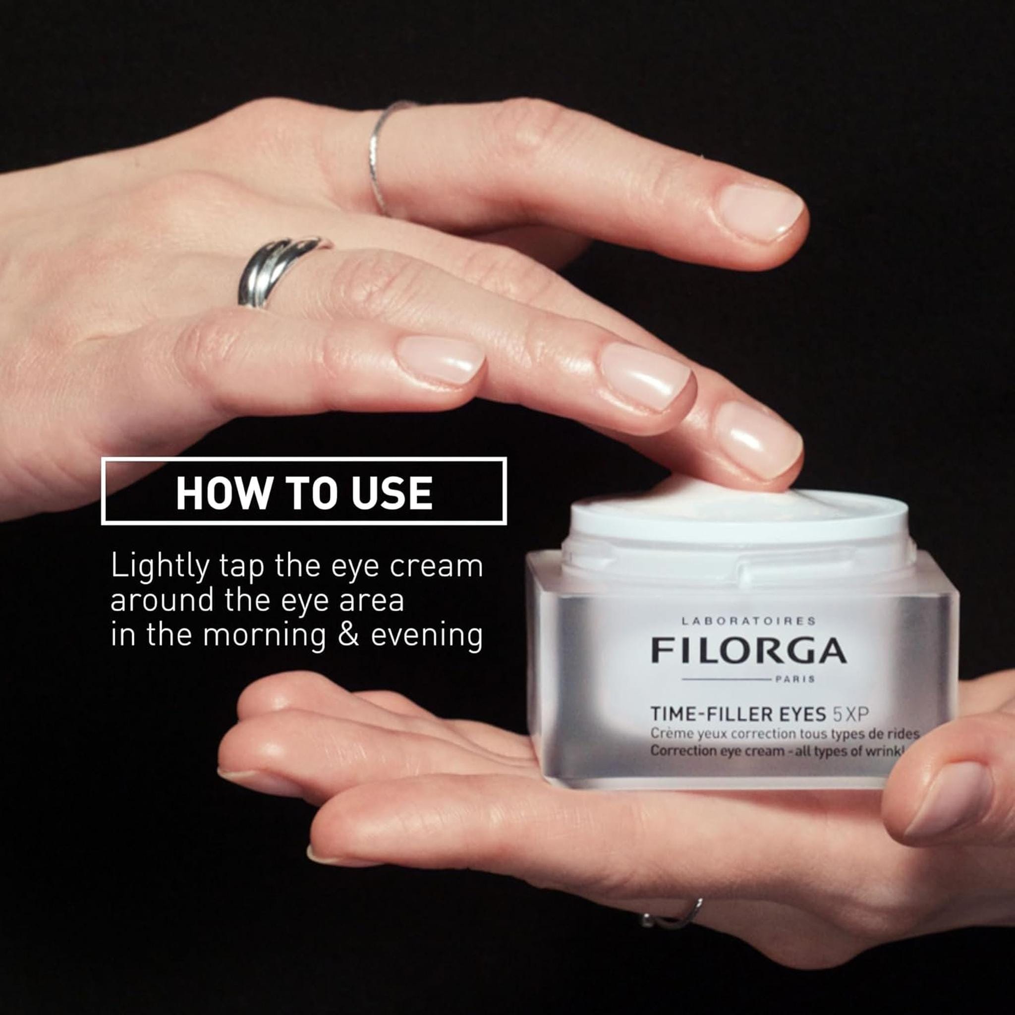 Filorga Time-Filler Eyes 5XP how to use lightly tap eye cream around eye area morning and evening hands holding jar
