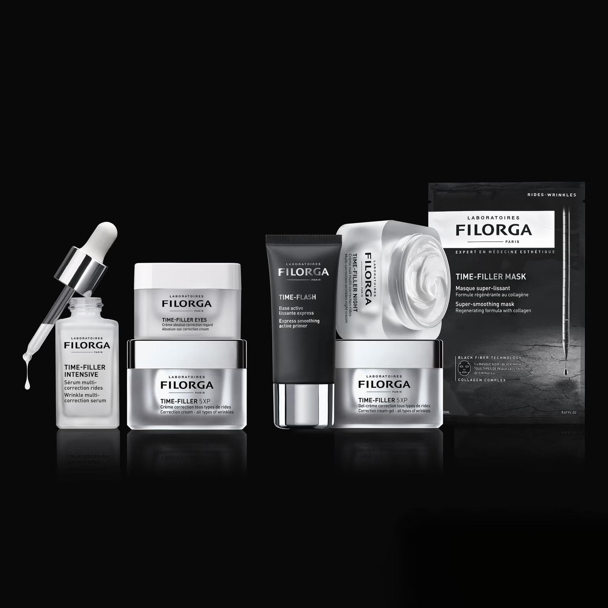 Filorga Time-Filler full range lineup Intensive serum Eyes 5XP Time-Flash Night cream and Time-Filler Mask on black