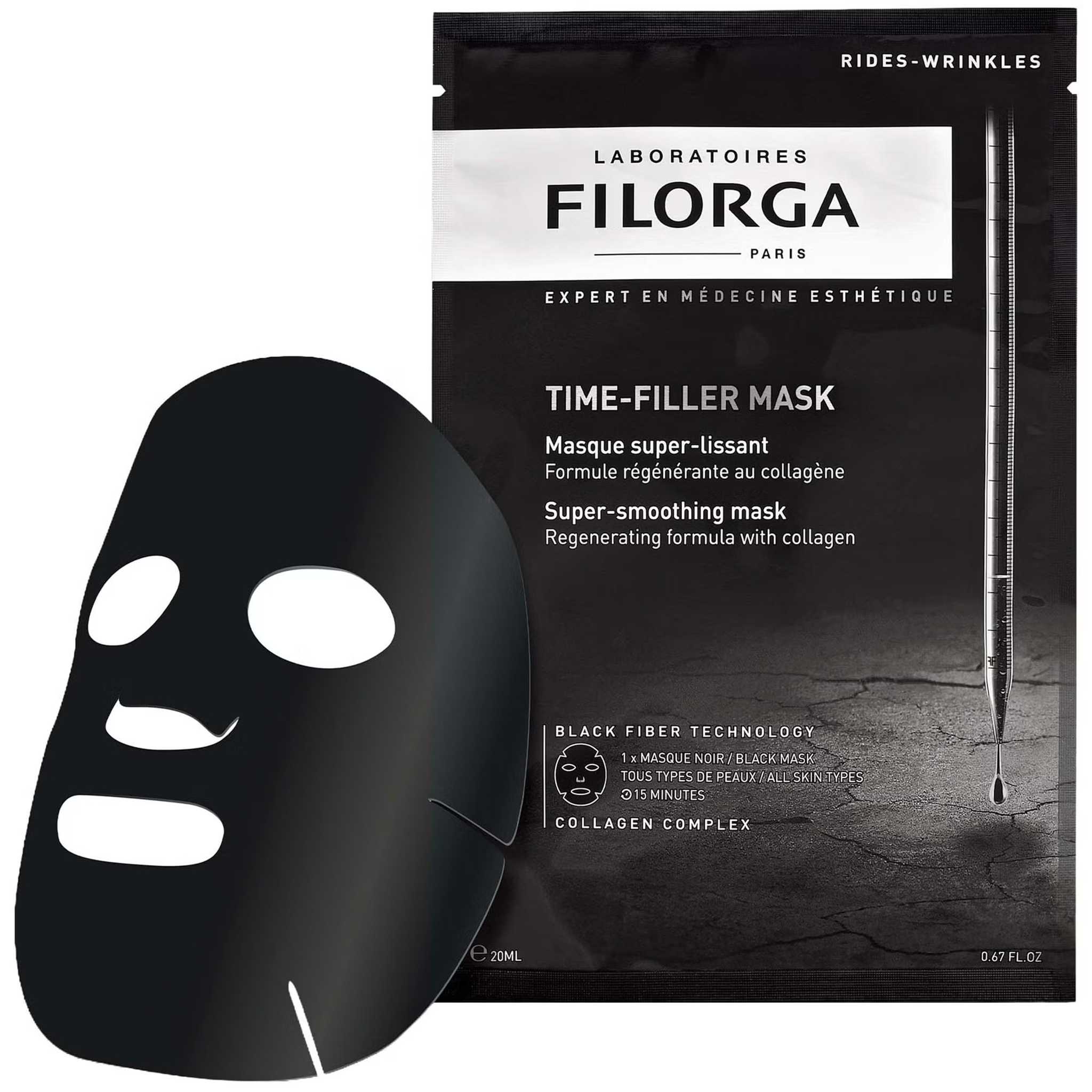 Filorga Time-Filler Mask black fiber sheet mask unfolded next to packet on white background