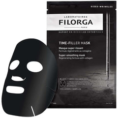 Filorga Time-Filler Mask black fiber sheet mask unfolded next to packet on white background
