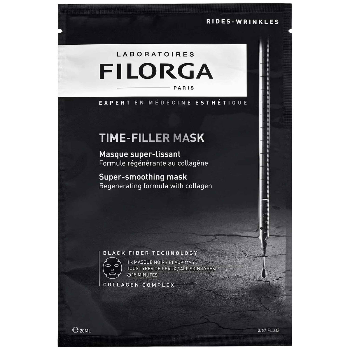 Filorga Time-Filler Mask super-smoothing collagen black fiber sheet mask packet on white background