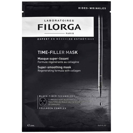 Filorga Time-Filler Mask super-smoothing collagen black fiber sheet mask packet on white background