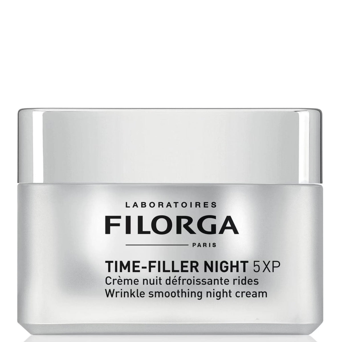 Filorga Time-Filler Night 5XP wrinkle smoothing night cream silver jar on white background