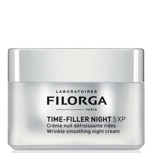 Filorga Time-Filler Night 5XP wrinkle smoothing night cream silver jar on white background