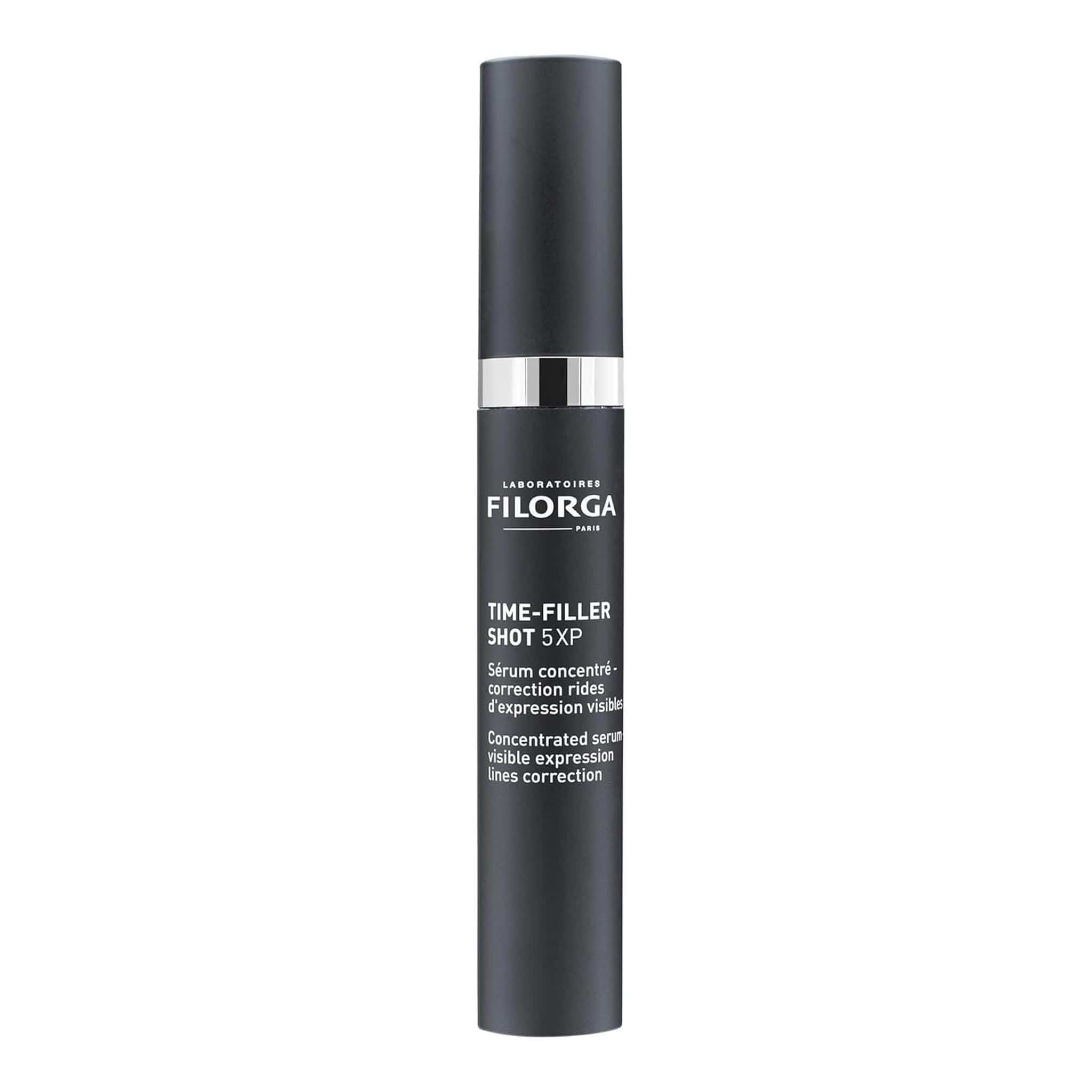 Filorga Time-Filler Shot 5XP concentrated serum for visible expression lines correction dark tube white background