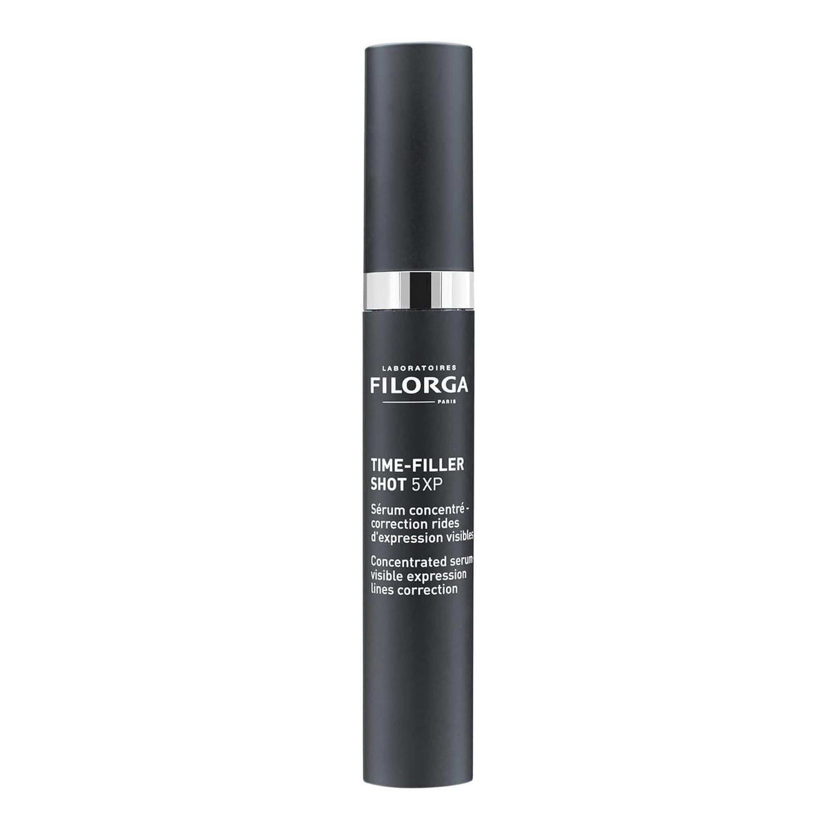Filorga Time-Filler Shot 5XP concentrated serum for visible expression lines correction dark tube white background