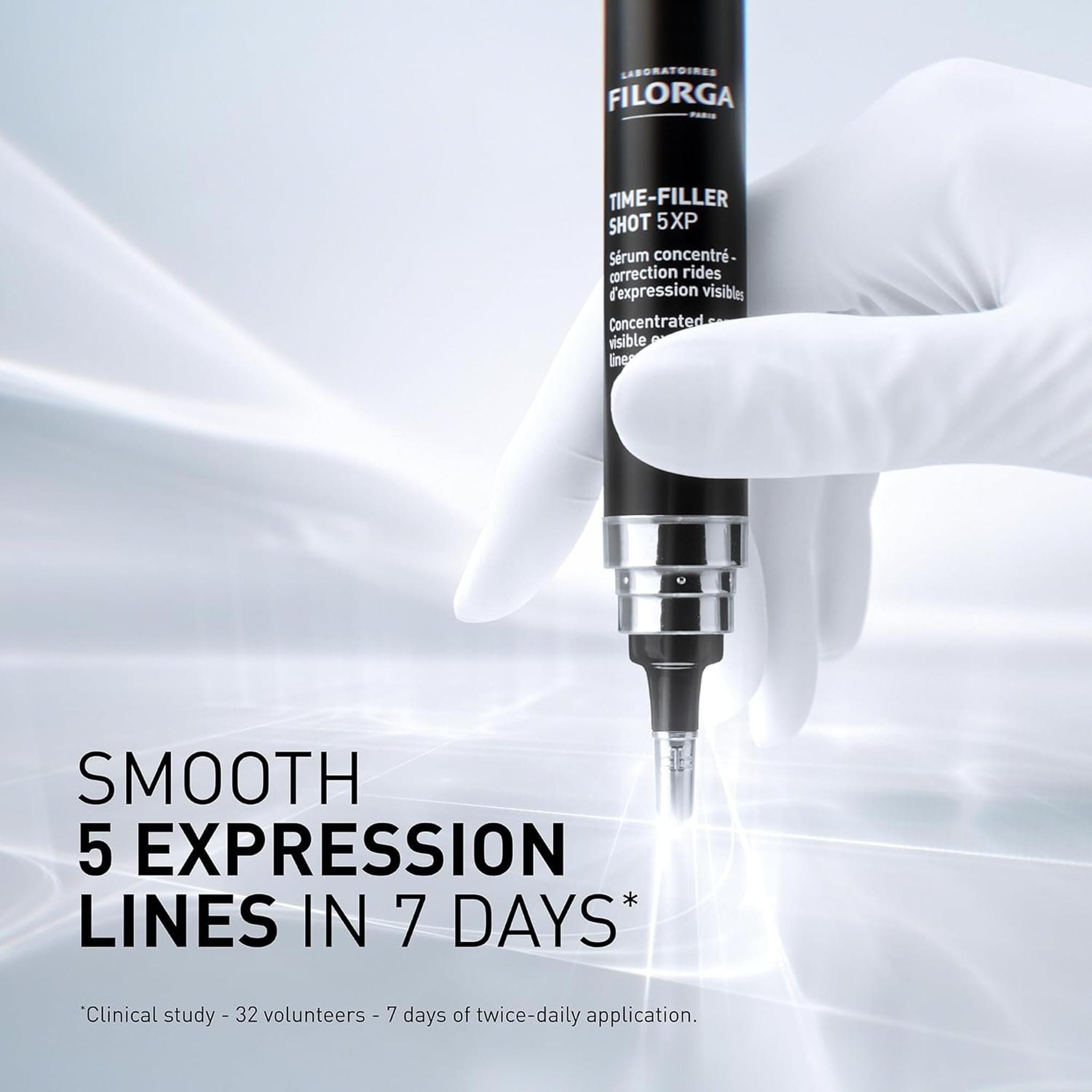 Filorga Time-Filler Shot 5XP smooths 5 expression lines in 7 days precision applicator demonstration
