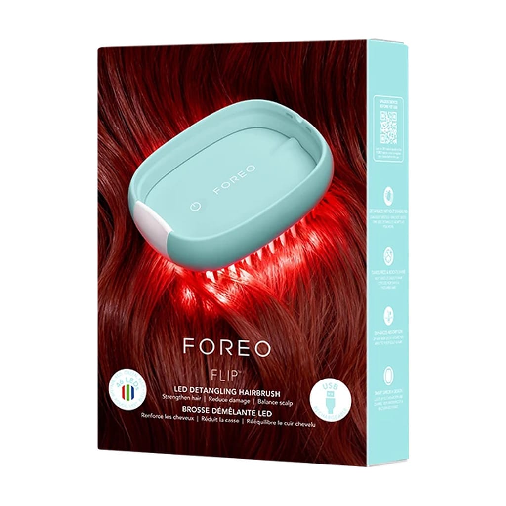 FOREO FLIP LED detangling hairbrush retail box to strengthen hair reduce damage and balance scalp