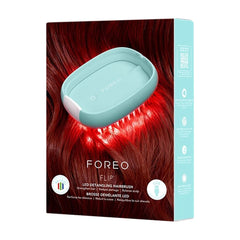 FOREO FLIP LED detangling hairbrush retail box to strengthen hair reduce damage and balance scalp