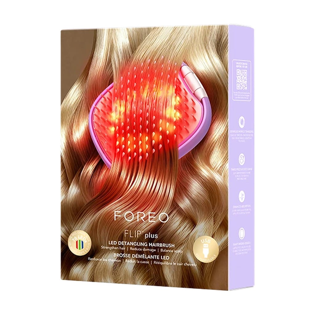 FOREO FLIP plus LED detangling hairbrush retail box to strengthen hair reduce damage and balance scalp