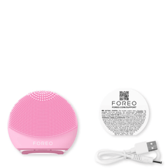 Foreo Luna 4 play pink device with USB charging cable and manual 3