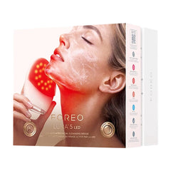 FOREO LUNA 5 LED activated facial cleansing device retail box with model using red light on skin