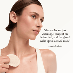 goop Beauty 15% Glycolic Acid Overnight Glow Peel exfoliating treatment pads with 15% glycolic acid to smooth texture and brighten skin overnight. Available at Exclusive Beauty Club.