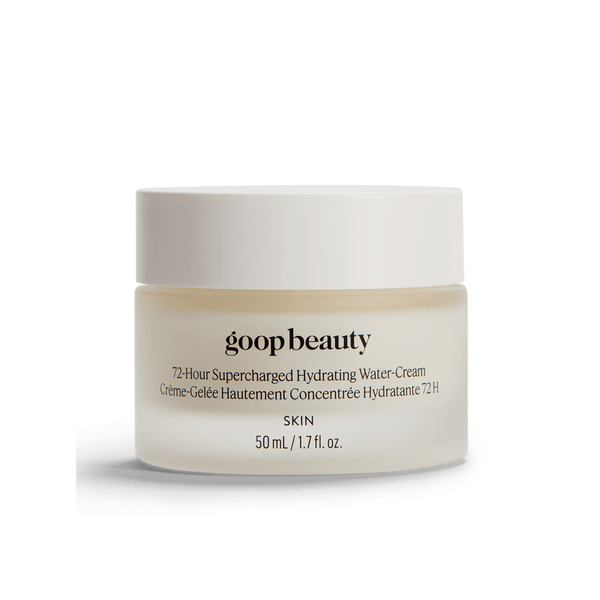goop Beauty 72-Hour Supercharged Hydrating Water-Cream lightweight moisturizer with niacinamide and superfood extracts for long-lasting hydration. Available at Exclusive Beauty Club.