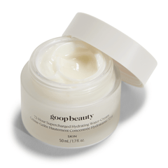 goop Beauty 72-Hour Supercharged Hydrating Water-Cream lightweight moisturizer with niacinamide and superfood extracts for long-lasting hydration. Available at Exclusive Beauty Club.