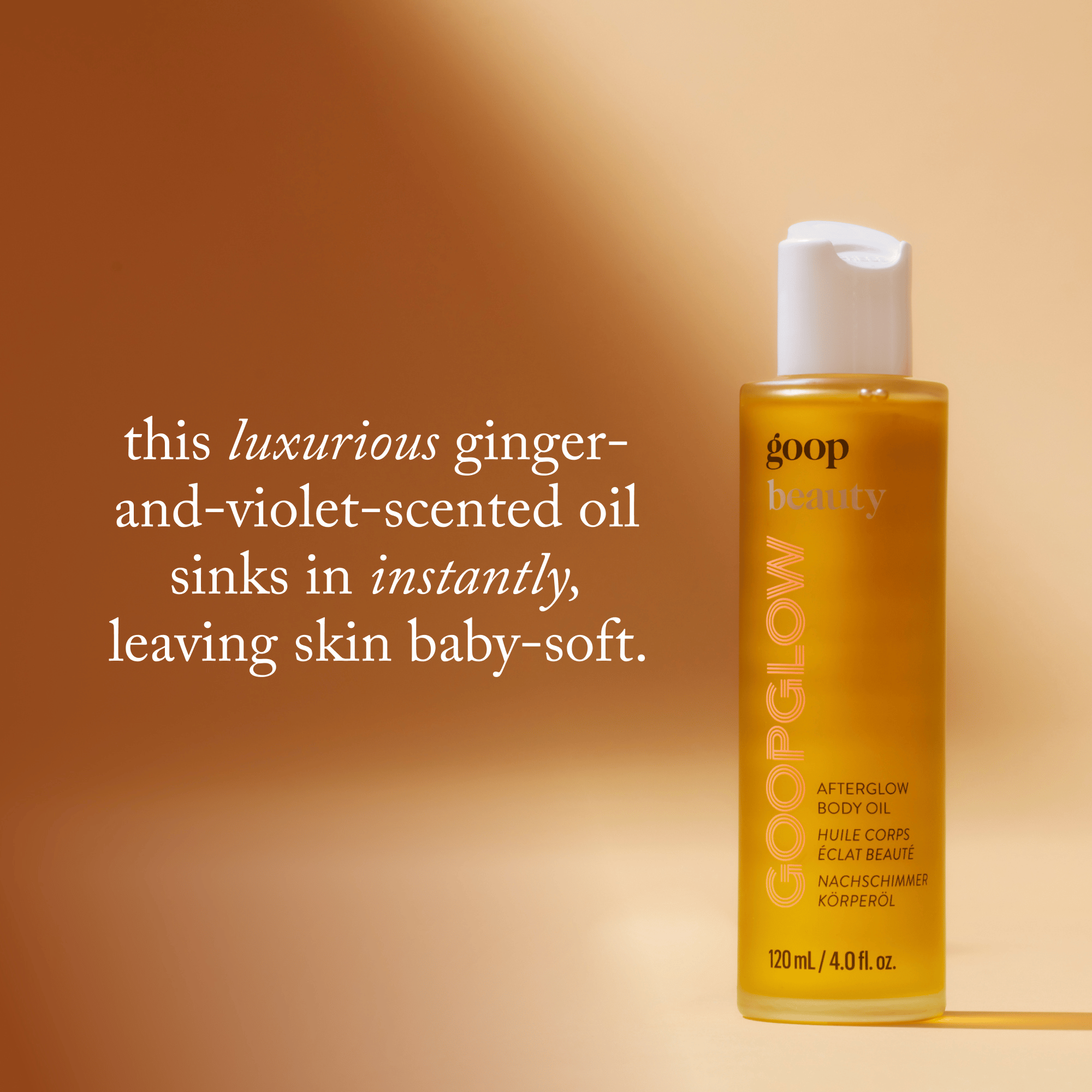 goop Beauty Afterglow Body Oil nourishing body oil with sea buckthorn, raspberry seed oil, and squalane for hydrated glowing skin. Available at Exclusive Beauty Club.