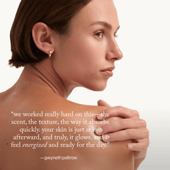 goop Beauty Afterglow Body Oil nourishing body oil with sea buckthorn, raspberry seed oil, and squalane for hydrated glowing skin. Available at Exclusive Beauty Club.
