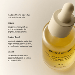 goop Beauty All-in-One Super Nutrient Face Oil nourishing botanical facial oil with cacay oil, bakuchiol, and antioxidant-rich plant oils for smoother, radiant skin. Available at Exclusive Beauty Club.