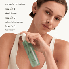 goop Beauty Daily Detox Foaming Cleanser gel-to-foam facial cleanser with malachite, fruit AHAs, and hyaluronic acid for clean refreshed skin. Available at Exclusive Beauty Club.