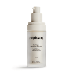 goop Beauty Dark Spot Exfoliating Sleep Milk overnight exfoliating serum with glycolic and lactic acids to smooth texture and fade dark spots. Available at Exclusive Beauty Club.