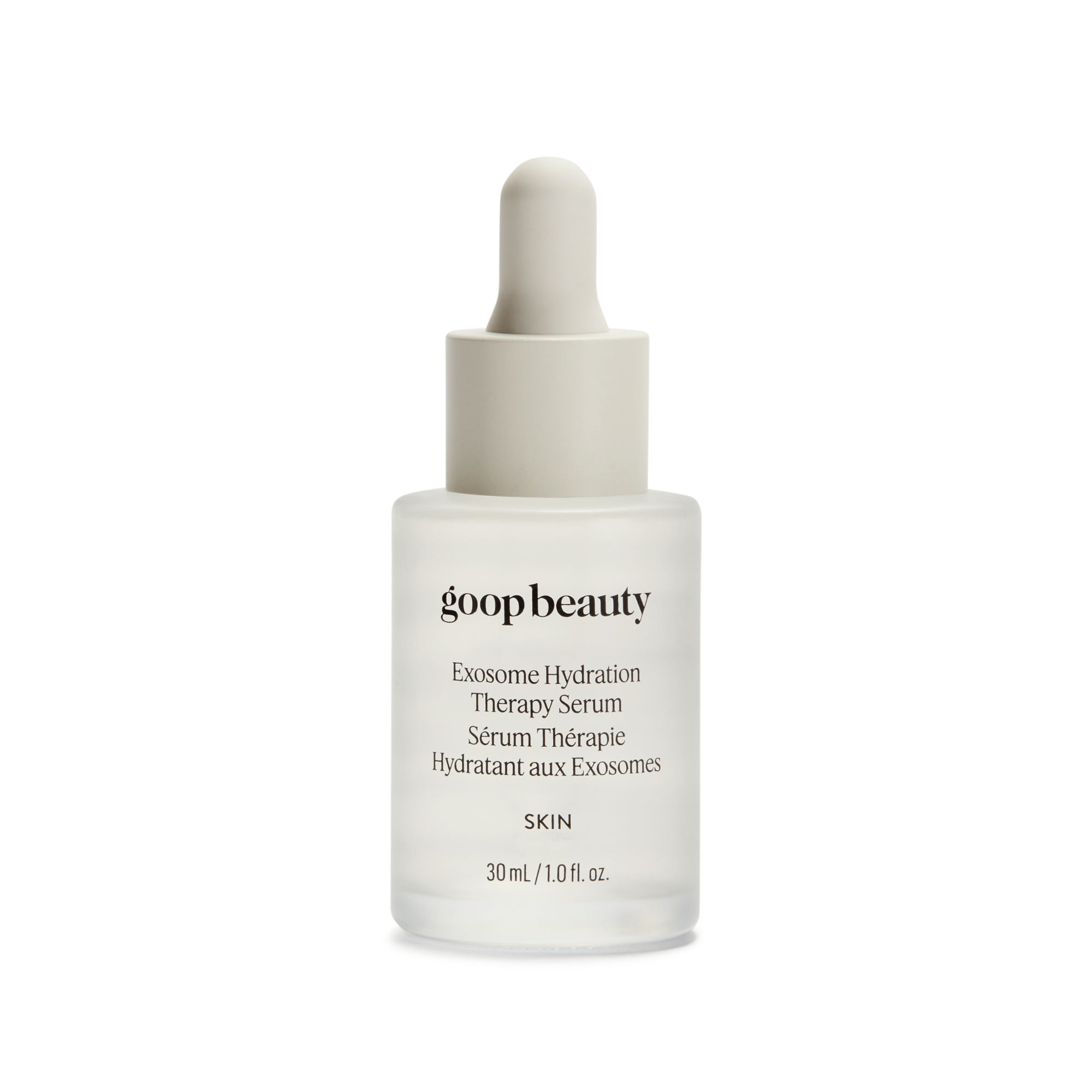 goop Beauty Exosome Hydration Therapy Serum hydrating face serum with cica exosomes, hyaluronic acid, and snow mushroom to strengthen the skin barrier. Available at Exclusive Beauty Club.