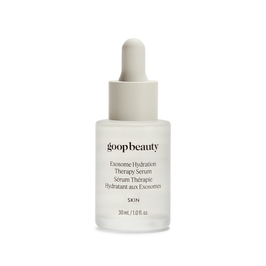 goop Beauty Exosome Hydration Therapy Serum hydrating face serum with cica exosomes, hyaluronic acid, and snow mushroom to strengthen the skin barrier. Available at Exclusive Beauty Club.
