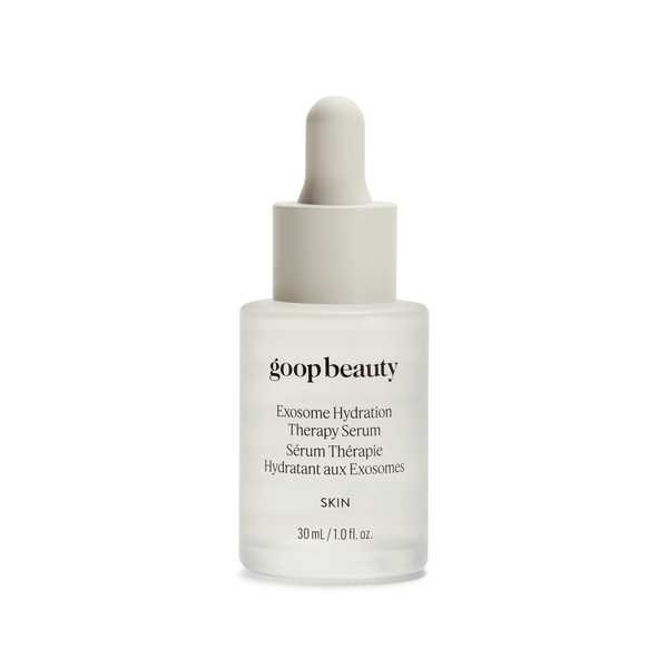 goop Beauty Exosome Hydration Therapy Serum hydrating face serum with cica exosomes, hyaluronic acid, and snow mushroom to strengthen the skin barrier. Available at Exclusive Beauty Club.
