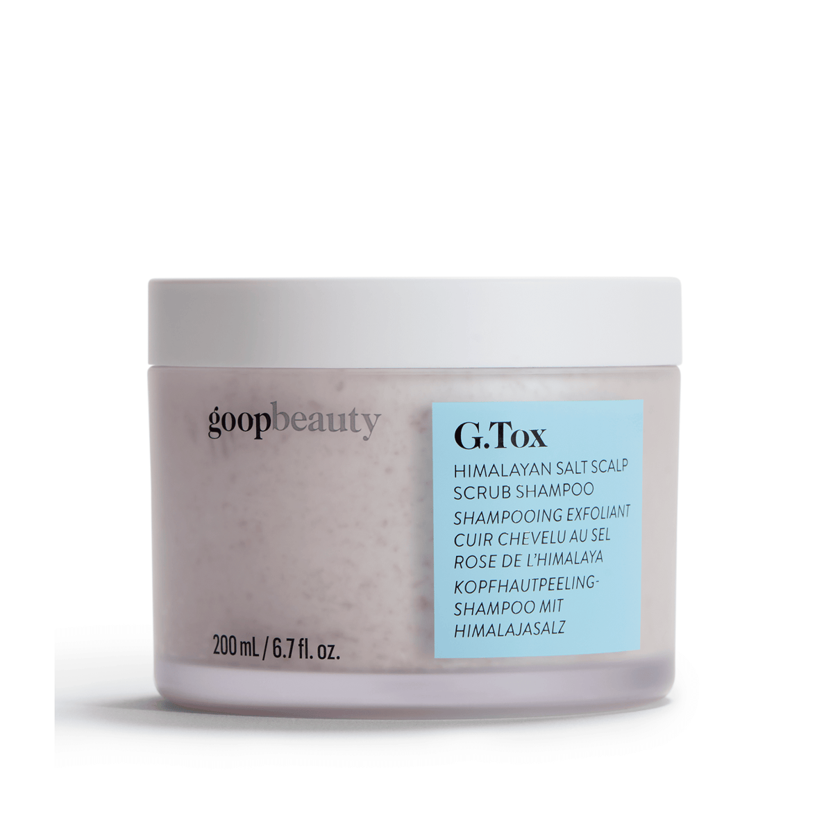 goop Beauty G.Tox Himalayan Salt Scalp Scrub Shampoo exfoliating scalp scrub with Himalayan pink salt to cleanse buildup and refresh the scalp. Available at Exclusive Beauty Club.