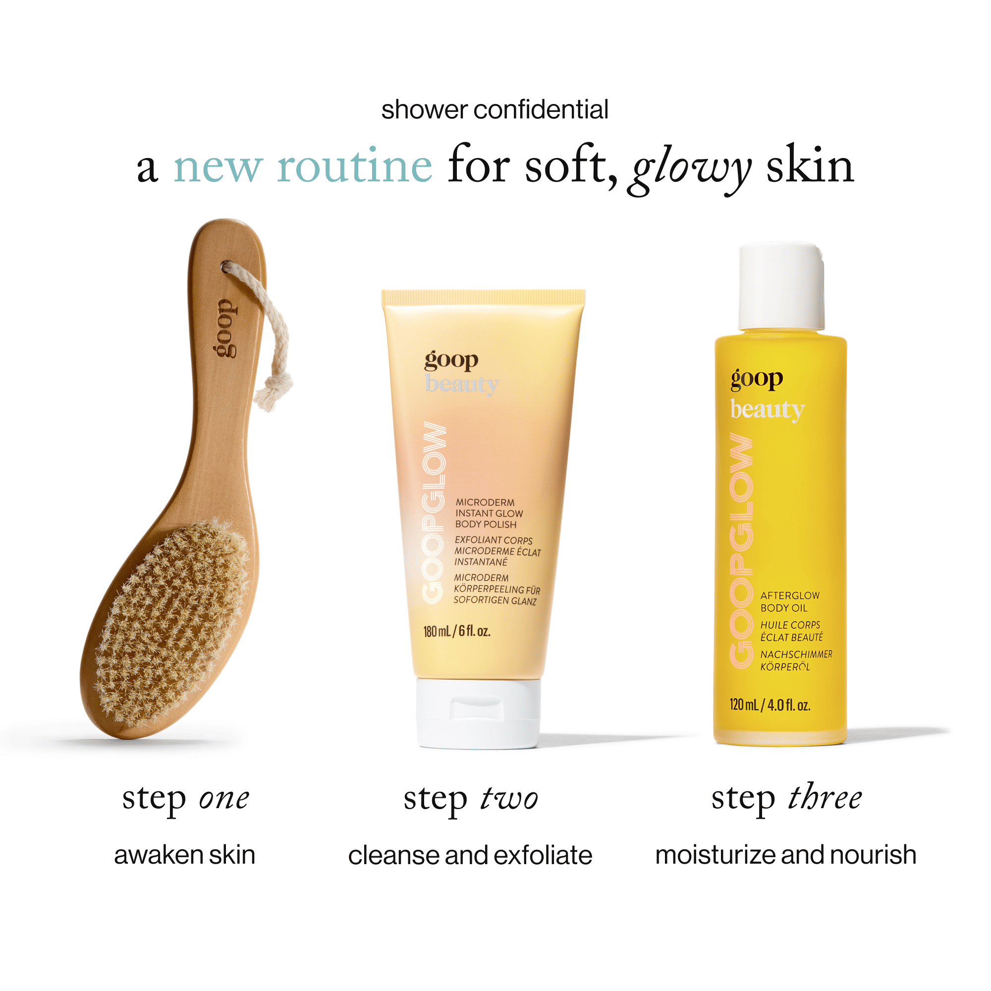 goop Beauty Microderm Instant Glow Body Polish exfoliating body scrub with mineral micro-exfoliants and hibiscus acids for smooth radiant skin. Available at Exclusive Beauty Club.