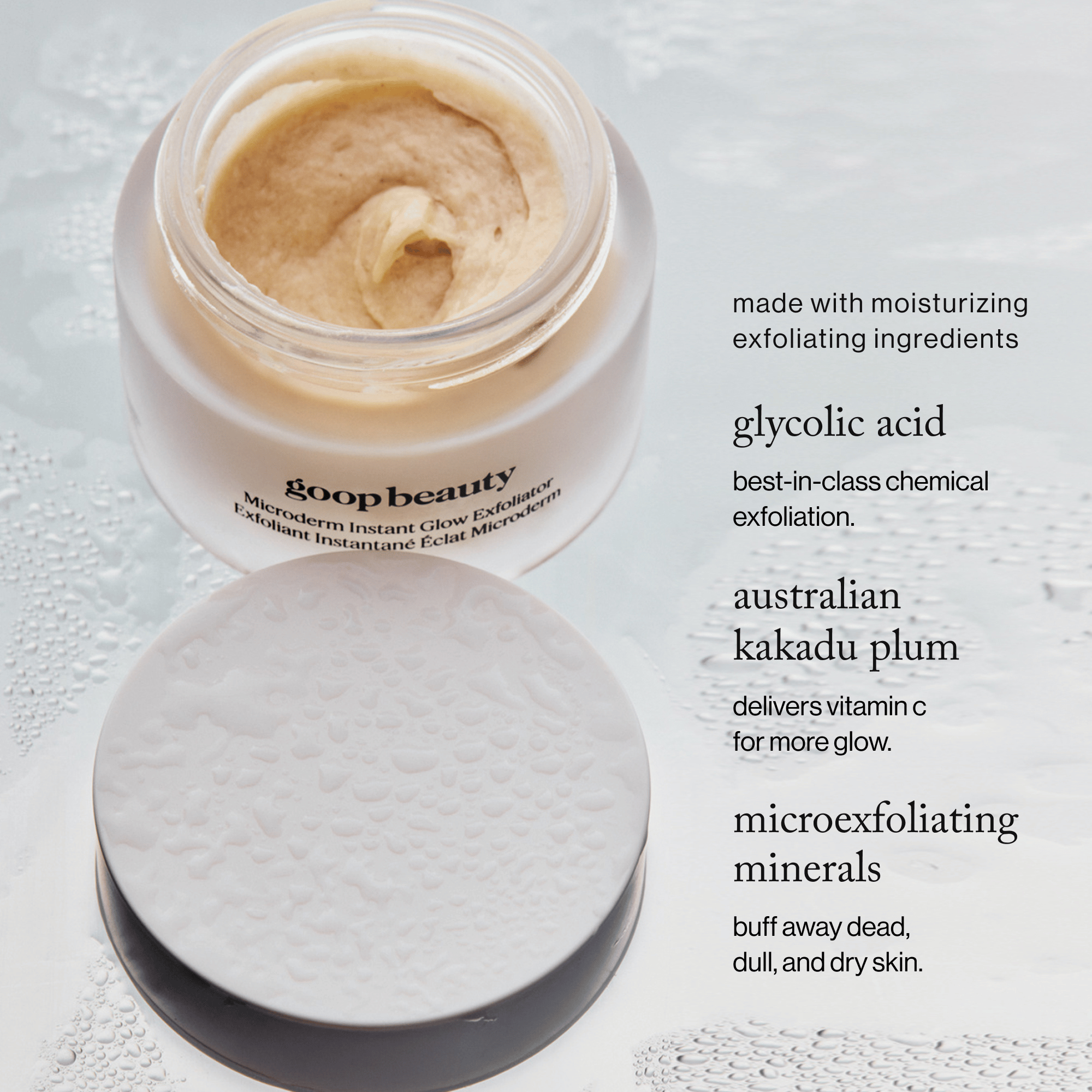 goop Beauty Microderm Instant Glow Exfoliator dual-action exfoliating face scrub with mineral micro-exfoliants and glycolic acid for smoother, brighter skin. Available at Exclusive Beauty Club.
