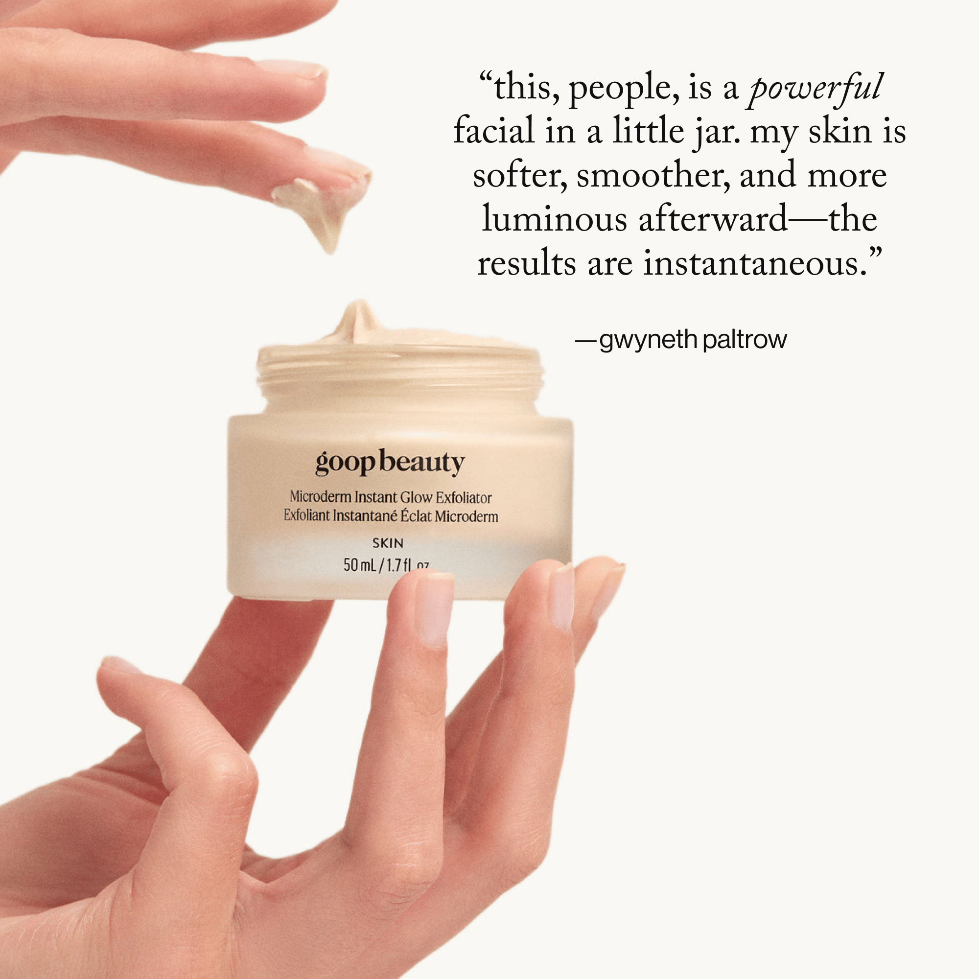 goop Beauty Microderm Instant Glow Exfoliator dual-action exfoliating face scrub with mineral micro-exfoliants and glycolic acid for smoother, brighter skin. Available at Exclusive Beauty Club.