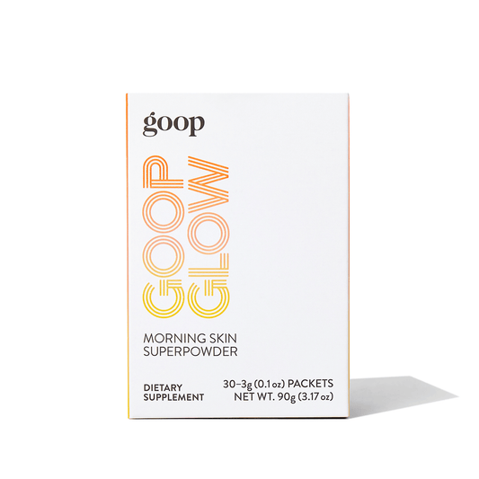 goop Beauty GOOPGLOW Morning Skin Superpowder antioxidant skin supplement drink mix with vitamin C, vitamin E, and CoQ10 for healthy glowing skin. Available at Exclusive Beauty Club.