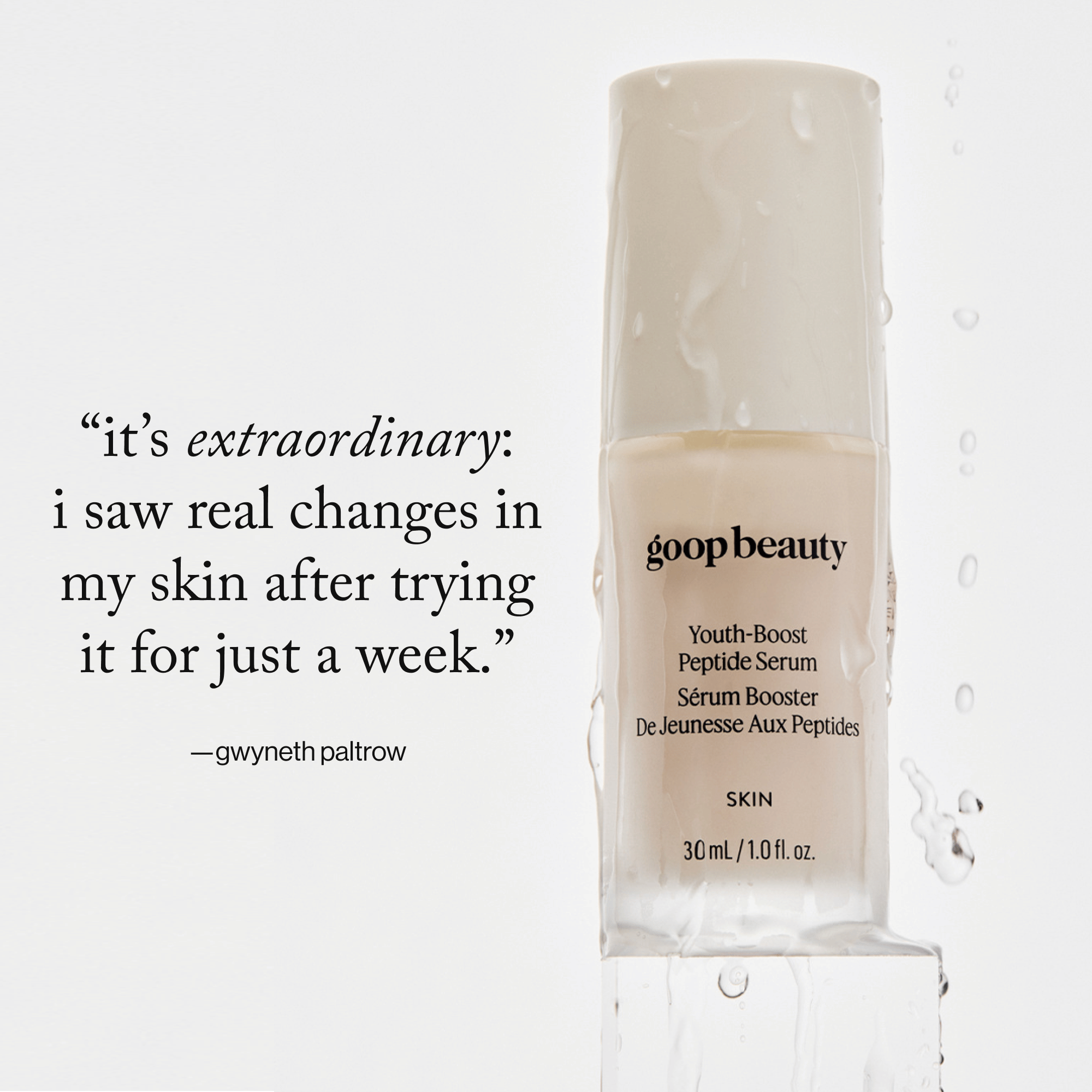 goop Beauty Youth-Boost Peptide Serum anti-aging peptide face serum with niacinamide and ceramides to firm and smooth skin. Available at Exclusive Beauty Club.