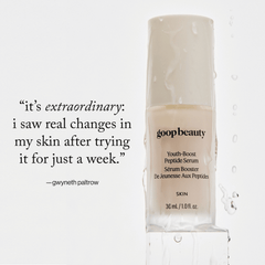 goop Beauty Youth-Boost Peptide Serum anti-aging peptide face serum with niacinamide and ceramides to firm and smooth skin. Available at Exclusive Beauty Club.